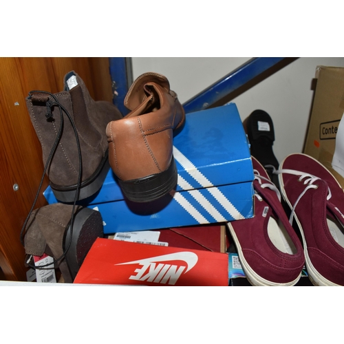 425 - FIVE BOXES OF MENS CLOTHES AND SHOES to include a box of trousers and shorts comprising Island, Umbr... 