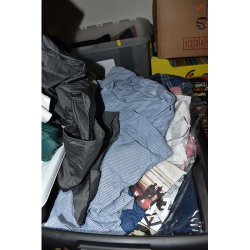 425 - FIVE BOXES OF MENS CLOTHES AND SHOES to include a box of trousers and shorts comprising Island, Umbr... 