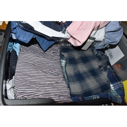 425 - FIVE BOXES OF MENS CLOTHES AND SHOES to include a box of trousers and shorts comprising Island, Umbr... 