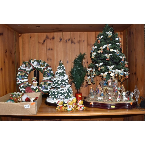 427 - TWO BOXES AND LOOSE CHRISTMAS DECORATIONS to include a Bradford Exchange 'Thomas Kinkade Village Chr... 