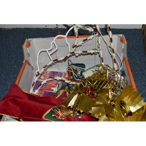 427 - TWO BOXES AND LOOSE CHRISTMAS DECORATIONS to include a Bradford Exchange 'Thomas Kinkade Village Chr... 