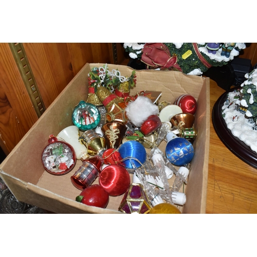 427 - TWO BOXES AND LOOSE CHRISTMAS DECORATIONS to include a Bradford Exchange 'Thomas Kinkade Village Chr... 