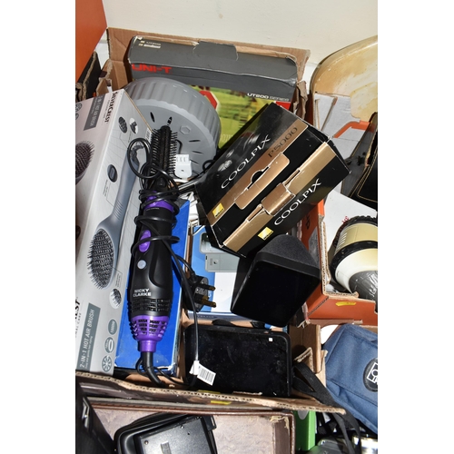 437 - FOUR BOXES OF MISCELLANEOUS ELECTRICAL ITEMS, to include a quantity of handheld digital camcorders a... 