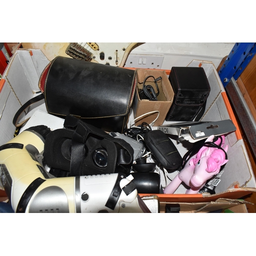 437 - FOUR BOXES OF MISCELLANEOUS ELECTRICAL ITEMS, to include a quantity of handheld digital camcorders a... 