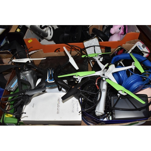 437 - FOUR BOXES OF MISCELLANEOUS ELECTRICAL ITEMS, to include a quantity of handheld digital camcorders a... 