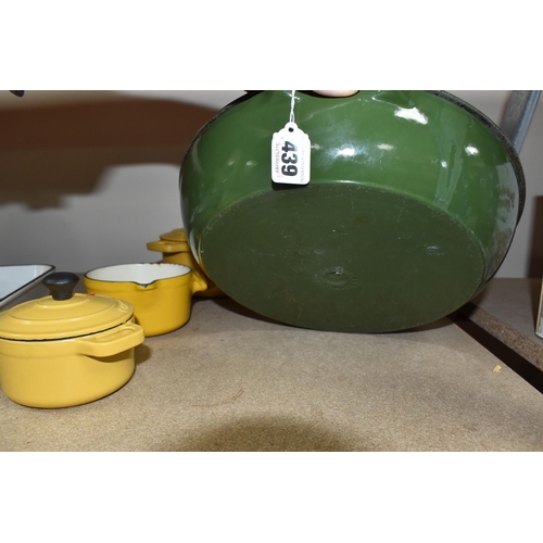 439 - A GROUP OF LE CREUSET AND CHASSEUR COOK WARE to include a green 30cm lidded pan, a green 20cm lidded... 