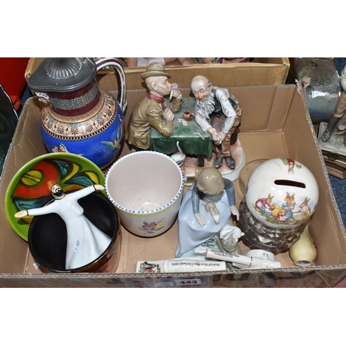 443 - THREE BOXES AND LOOSE DECORATIVE FIGURES AND ORNAMENTS to include a Royal Doulton 'Bunnykins' money ... 