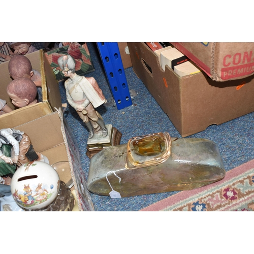 443 - THREE BOXES AND LOOSE DECORATIVE FIGURES AND ORNAMENTS to include a Royal Doulton 'Bunnykins' money ... 