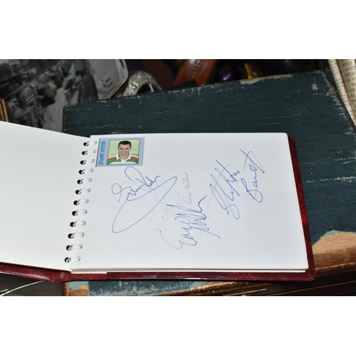 445 - SIX BOXES AND LOOSE MISCELLANEOUS ITEMS to include a Leicester Tigers autograph book from players fr... 