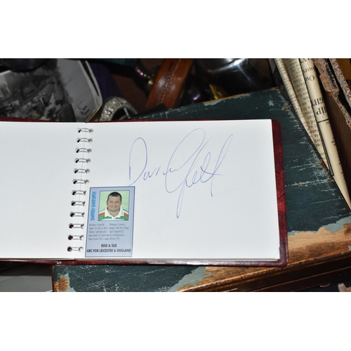 445 - SIX BOXES AND LOOSE MISCELLANEOUS ITEMS to include a Leicester Tigers autograph book from players fr... 