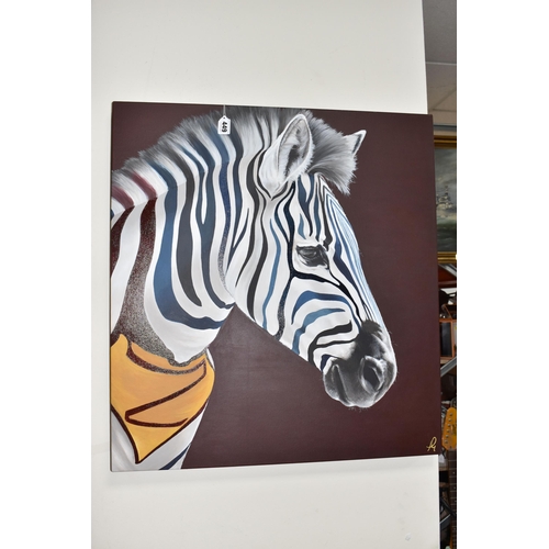 449 - HAYLEY GOODHEAD (BRITISH CONTEMPORARY) 'ZOOPERMAN II', a portrait of a multi-coloured Zebra wearing ... 