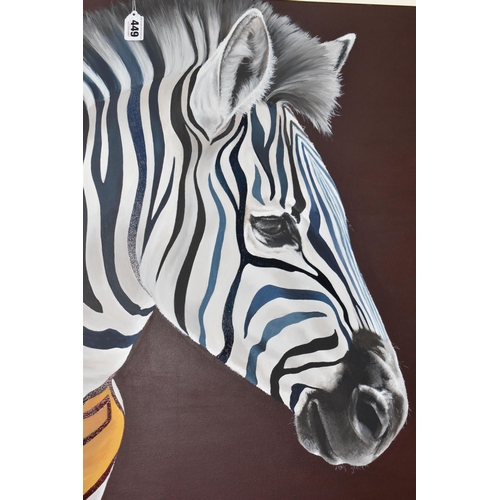 449 - HAYLEY GOODHEAD (BRITISH CONTEMPORARY) 'ZOOPERMAN II', a portrait of a multi-coloured Zebra wearing ... 