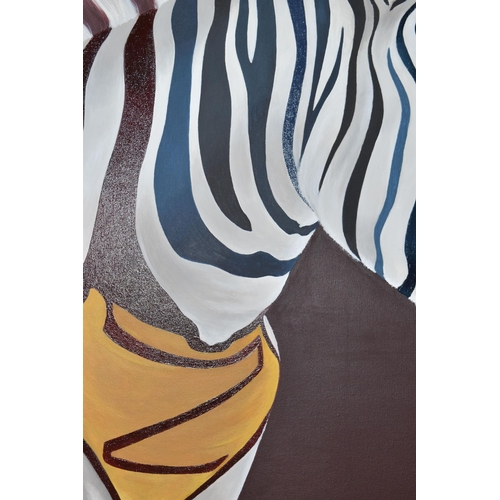 449 - HAYLEY GOODHEAD (BRITISH CONTEMPORARY) 'ZOOPERMAN II', a portrait of a multi-coloured Zebra wearing ... 