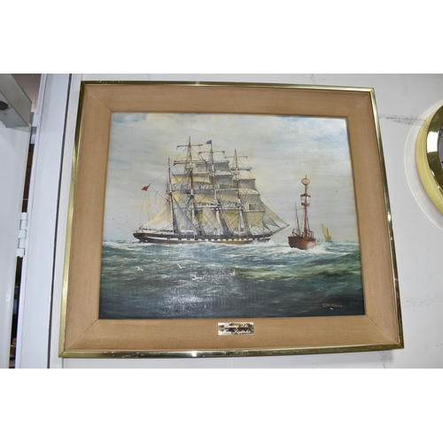 454 - E. G. BURROWS (20TH CENTURY) 'PASSING THE NORE LIGHTSHIP',  HMS Medway depicted circa 1885, oil on c... 