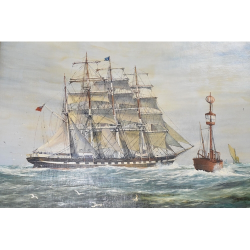 454 - E. G. BURROWS (20TH CENTURY) 'PASSING THE NORE LIGHTSHIP',  HMS Medway depicted circa 1885, oil on c... 