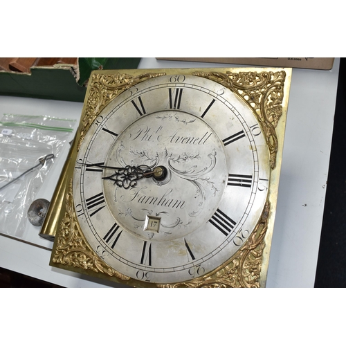 457 - A GEORGIAN THIRTY HOUR BRASS AND SILVERED LONGCASE CLOCK DIAL, the 10'' dial reading Arabic and Roma... 