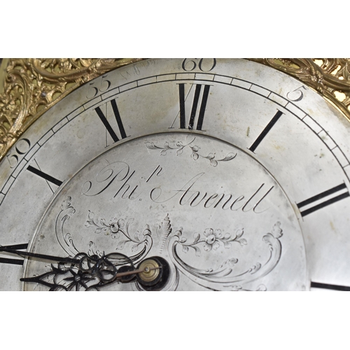 457 - A GEORGIAN THIRTY HOUR BRASS AND SILVERED LONGCASE CLOCK DIAL, the 10'' dial reading Arabic and Roma... 