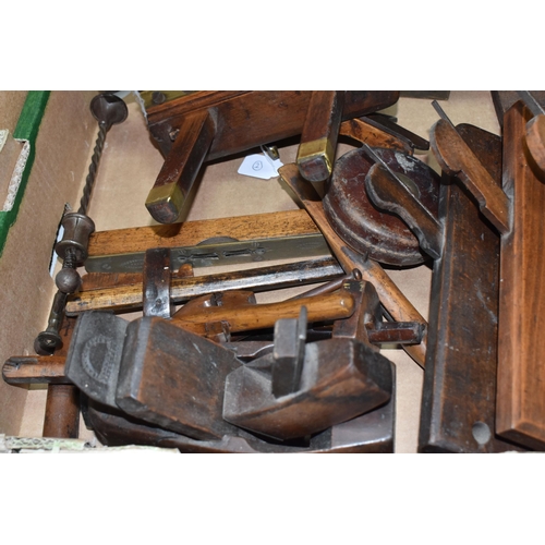 458 - A BOX OF MOULDING AND OTHER WOODWORKING PLANES, to include a Charles & Co plough plane, moulding pla... 