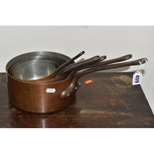 459 - FIVE FRENCH COPPER PANS, of graduating sizes, approximate measurements: smallest diameter 12cm x hei... 