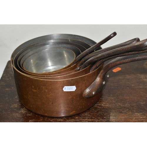 459 - FIVE FRENCH COPPER PANS, of graduating sizes, approximate measurements: smallest diameter 12cm x hei... 