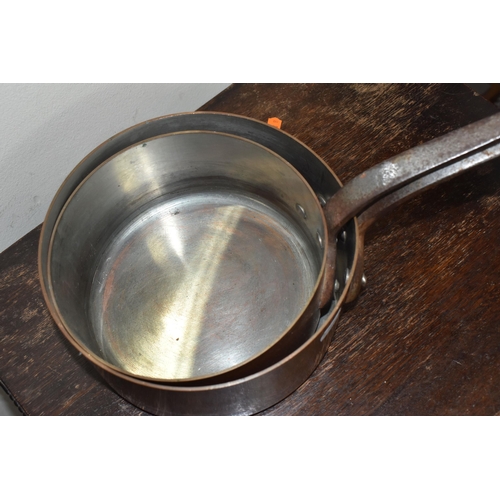 459 - FIVE FRENCH COPPER PANS, of graduating sizes, approximate measurements: smallest diameter 12cm x hei... 