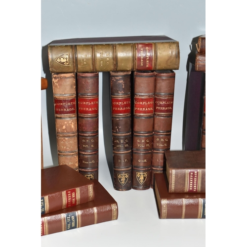 462 - ONE BOX OF LEATHER-BOUND ANTIQUARIAN BOOKS ON GENEALOGY, comprising eight vols. of Complete Peerage ... 