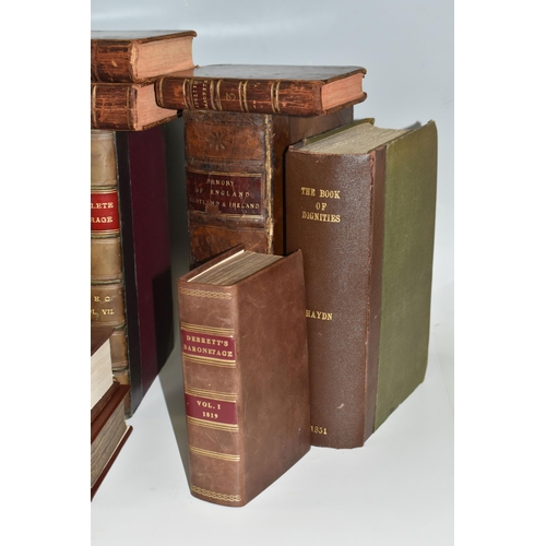 462 - ONE BOX OF LEATHER-BOUND ANTIQUARIAN BOOKS ON GENEALOGY, comprising eight vols. of Complete Peerage ... 