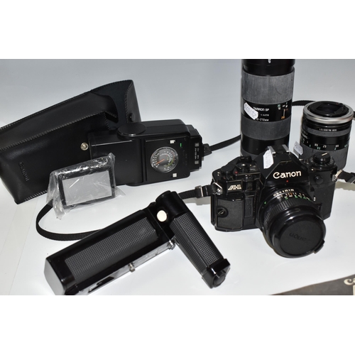 467 - A BOX OF PHOTOGRAPHIC EQUIPMENT, to include a Canon A-1 camera fitted with a Canon f2.8 28mm lens, w... 