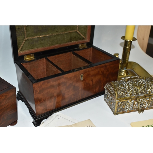 469 - A BOX AND LOOSE METALWARE, TREEN AND EPHEMERA, to include two tea caddies: one of sarcophagus form w... 