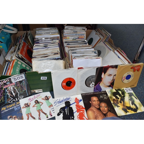 470 - TWO BOXES OF SINGLES RECORDS, over two hundred records, mainly plain sleeves, by artists to include ... 