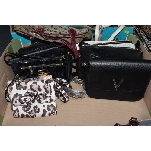 471 - TWO BOXES OF LADIES' HANDBAGS, large shoulder bags include names such as Michael Kors, DKNY, Chloe, ... 