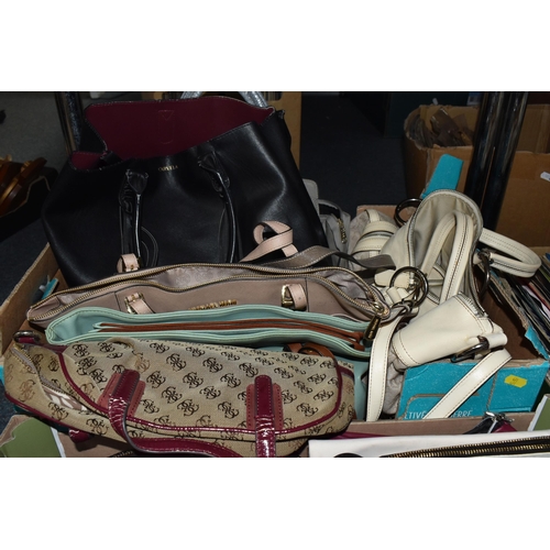 471 - TWO BOXES OF LADIES' HANDBAGS, large shoulder bags include names such as Michael Kors, DKNY, Chloe, ... 