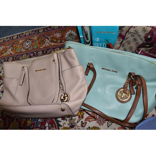 471 - TWO BOXES OF LADIES' HANDBAGS, large shoulder bags include names such as Michael Kors, DKNY, Chloe, ... 