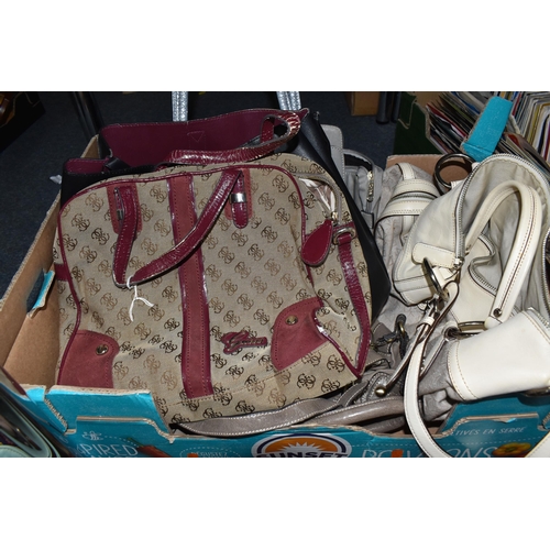 471 - TWO BOXES OF LADIES' HANDBAGS, large shoulder bags include names such as Michael Kors, DKNY, Chloe, ... 