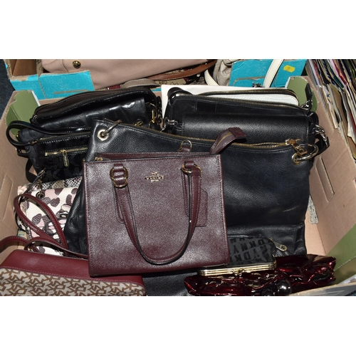 471 - TWO BOXES OF LADIES' HANDBAGS, large shoulder bags include names such as Michael Kors, DKNY, Chloe, ... 