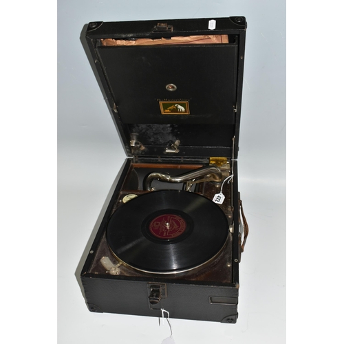 472 - A HMV MODEL 101 PORTABLE WIND-UP GRAMOPHONE, reference number no. 1O1O063796, with 78rpm record stor... 