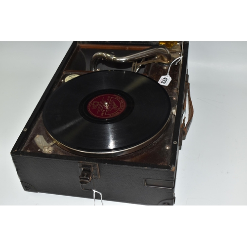 472 - A HMV MODEL 101 PORTABLE WIND-UP GRAMOPHONE, reference number no. 1O1O063796, with 78rpm record stor... 