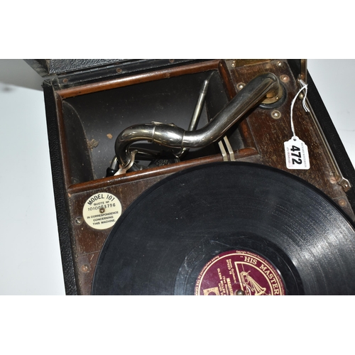 472 - A HMV MODEL 101 PORTABLE WIND-UP GRAMOPHONE, reference number no. 1O1O063796, with 78rpm record stor... 