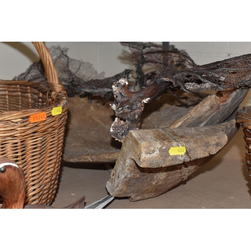 482 - A GROUP OF WICKER BASKETS AND WOODEN ORNAMENTS to include a group of six decorative ducks in assorte... 