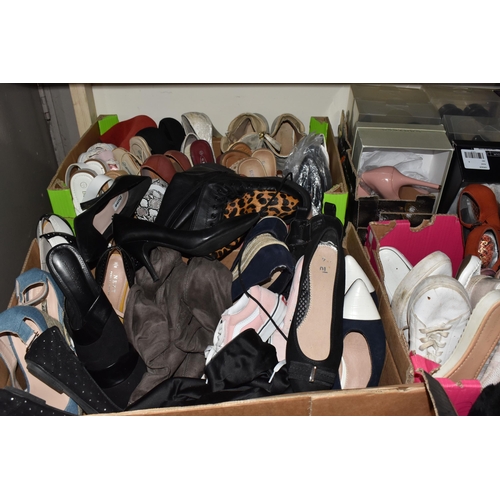 486 - SEVEN BOXES OF WOMEN'S AND CHILDREN'S SHOES to include mostly size 6-7 women's shoes in assorted sty... 