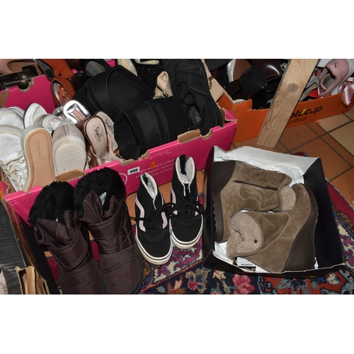 486 - SEVEN BOXES OF WOMEN'S AND CHILDREN'S SHOES to include mostly size 6-7 women's shoes in assorted sty... 