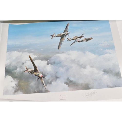 375 - MILITARY AVIATION PRINTS ETC, comprising a print of a Douglas Bader's Spitfire produced to celebrate... 