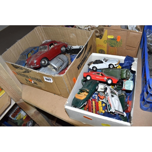 487 - THREE BOXES OF VINTAGE TOYS AND DOLLS to include a box of assorted die-cast vehicles to include Corg... 