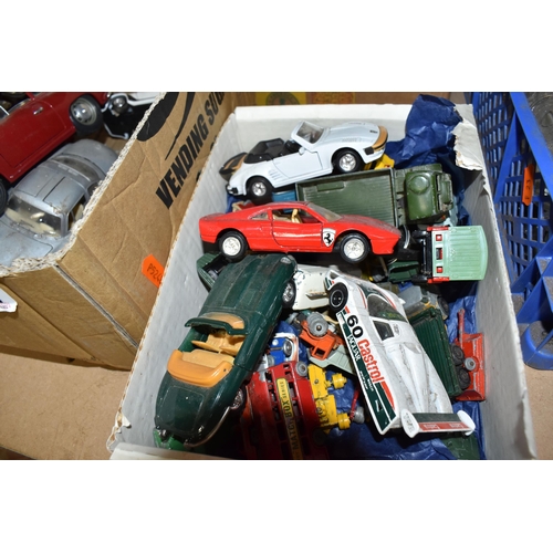 487 - THREE BOXES OF VINTAGE TOYS AND DOLLS to include a box of assorted die-cast vehicles to include Corg... 