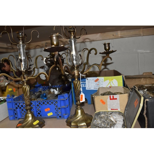 488 - TWO BOXES AND LOOSE LUSTRES, TWO CANDELABRA, ETC to include a large quantity of clear chandelier lus... 