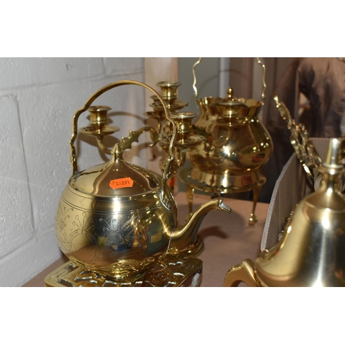 489 - A BOX AND LOOSE BRASSWARES to include a pair of miners lamps with copper embellishments and plaques ... 