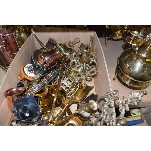 489 - A BOX AND LOOSE BRASSWARES to include a pair of miners lamps with copper embellishments and plaques ... 