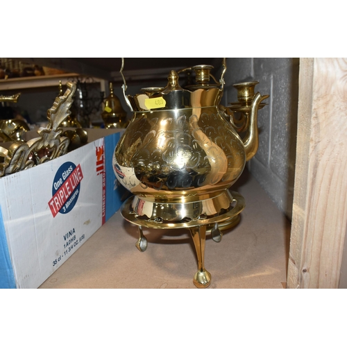 489 - A BOX AND LOOSE BRASSWARES to include a pair of miners lamps with copper embellishments and plaques ... 