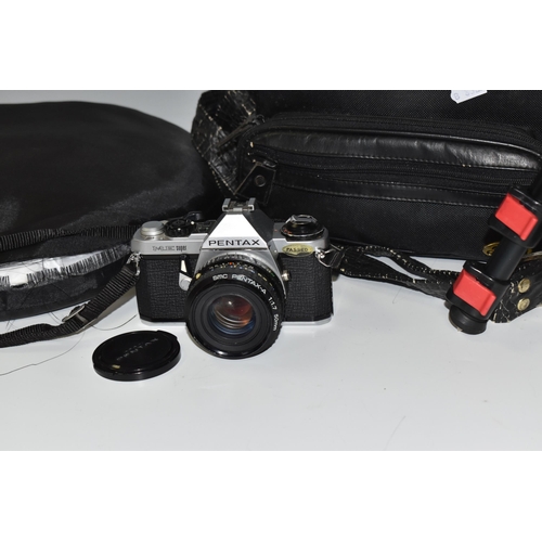 490 - A BOX OF PENTAX ME SUPER CAMERA AND ACCESSORIES to include a Pentax ME Super camera fitted with a SM... 