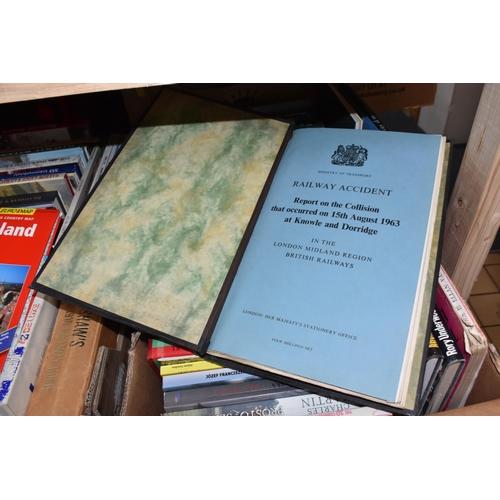 491 - NINE BOXES OF BOOKS AND CDS to include a box of ordnance survey maps, a book of railway junction dia... 